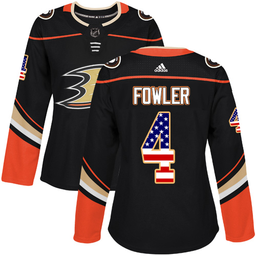 Adidas Ducks #4 Cam Fowler Black Home Authentic USA Flag Women's Stitched NHL Jersey